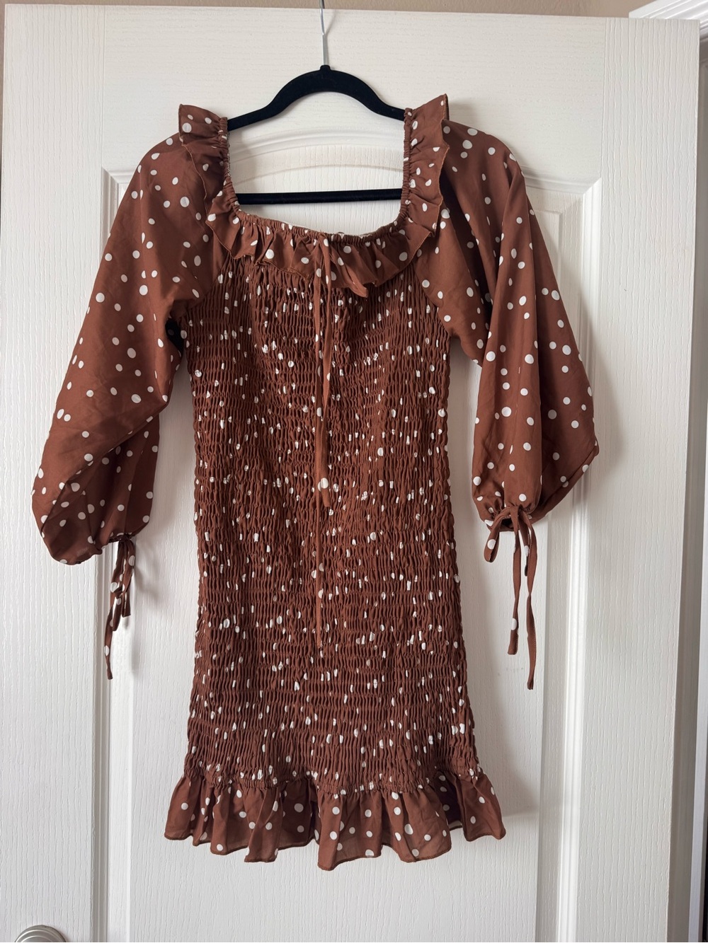 ByEgreis brown Polka Dot Smocked Dress with Ruffle